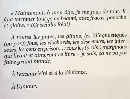 Troisième dédicace du roman, citation de Grisélidis Réal, marginalité et amour